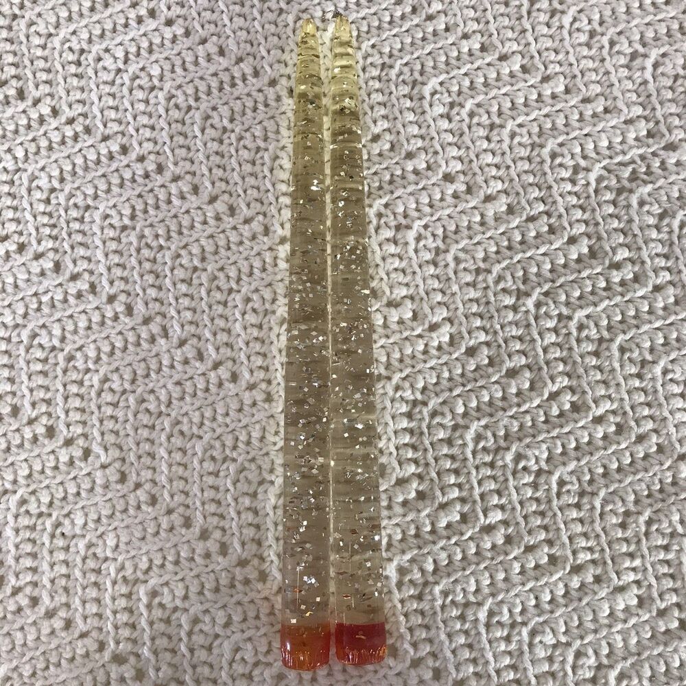 Pair of Lucite 12” Clear Taper Candles Silver Flecks MCM Decor Only- Flameless